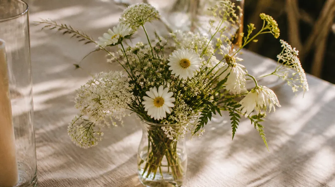 Jarrón de cristal con margaritas y flores silvestres sobre un mantel blanco