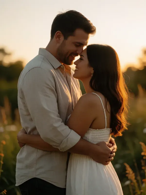 pareja abrazada en un campo a contraluz al atardecer