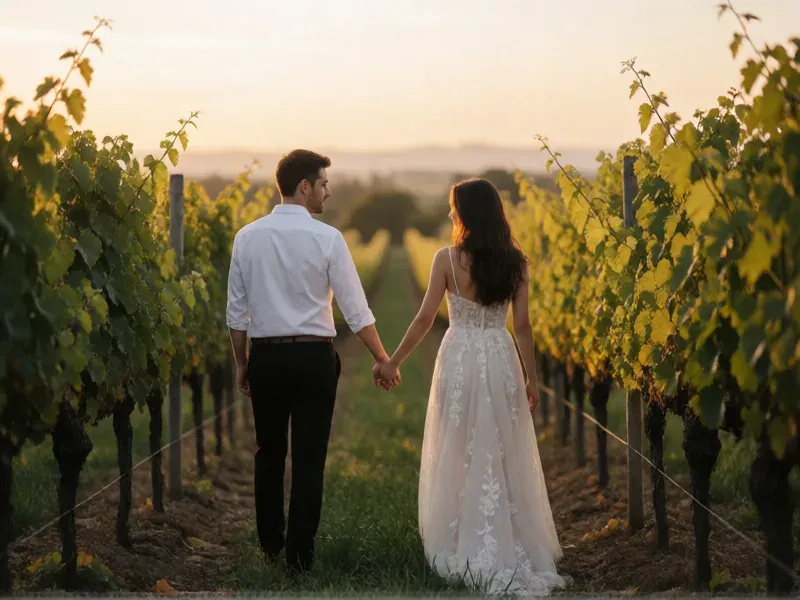 pareja paseando por un viñedo en su preboda