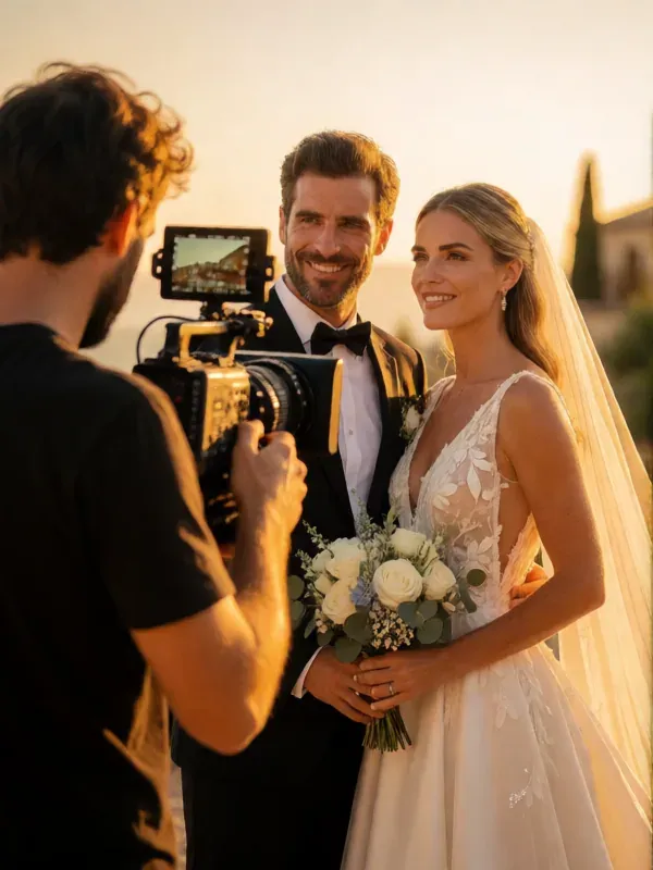 videógrafo con cámara de cine grabando a una pareja de novios al atardecer