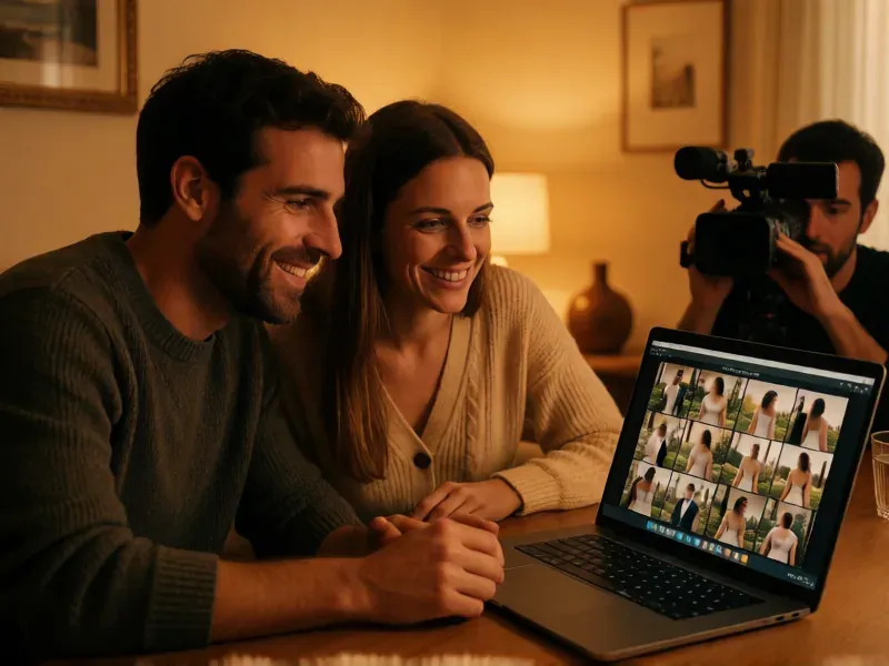 pareja viendo vídeos de boda con un videógrafo
