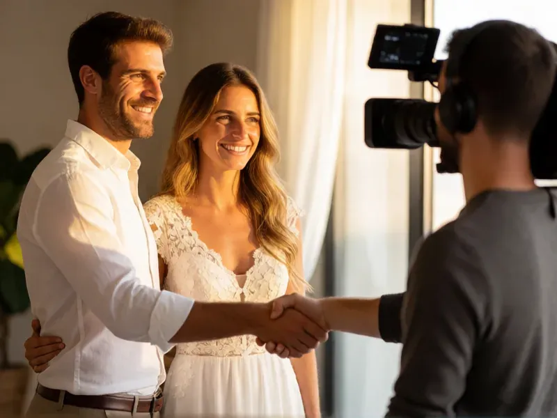 pareja cerrando el acuerdo con su videógrafo de boda