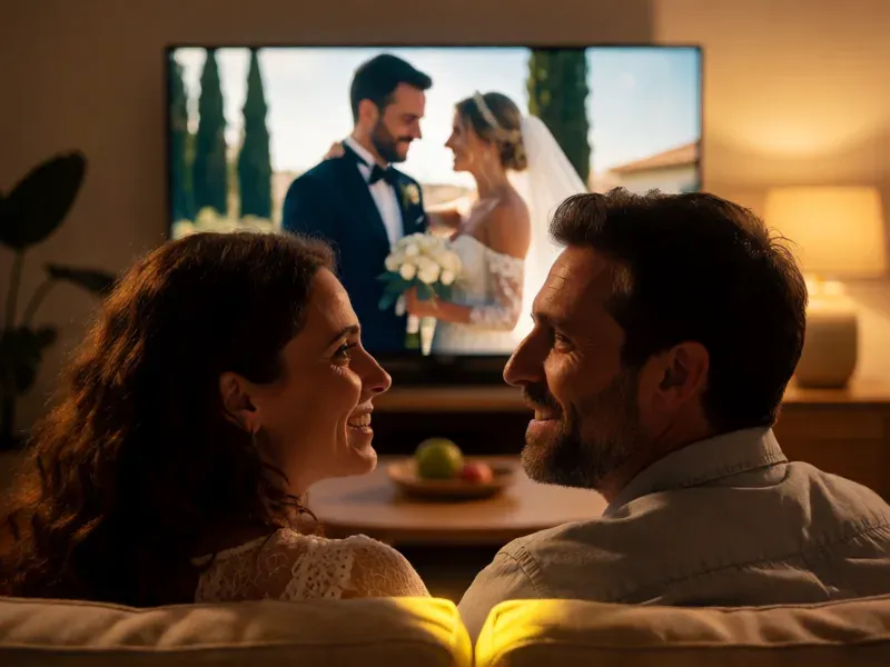 pareja viendo su película de boda en casa