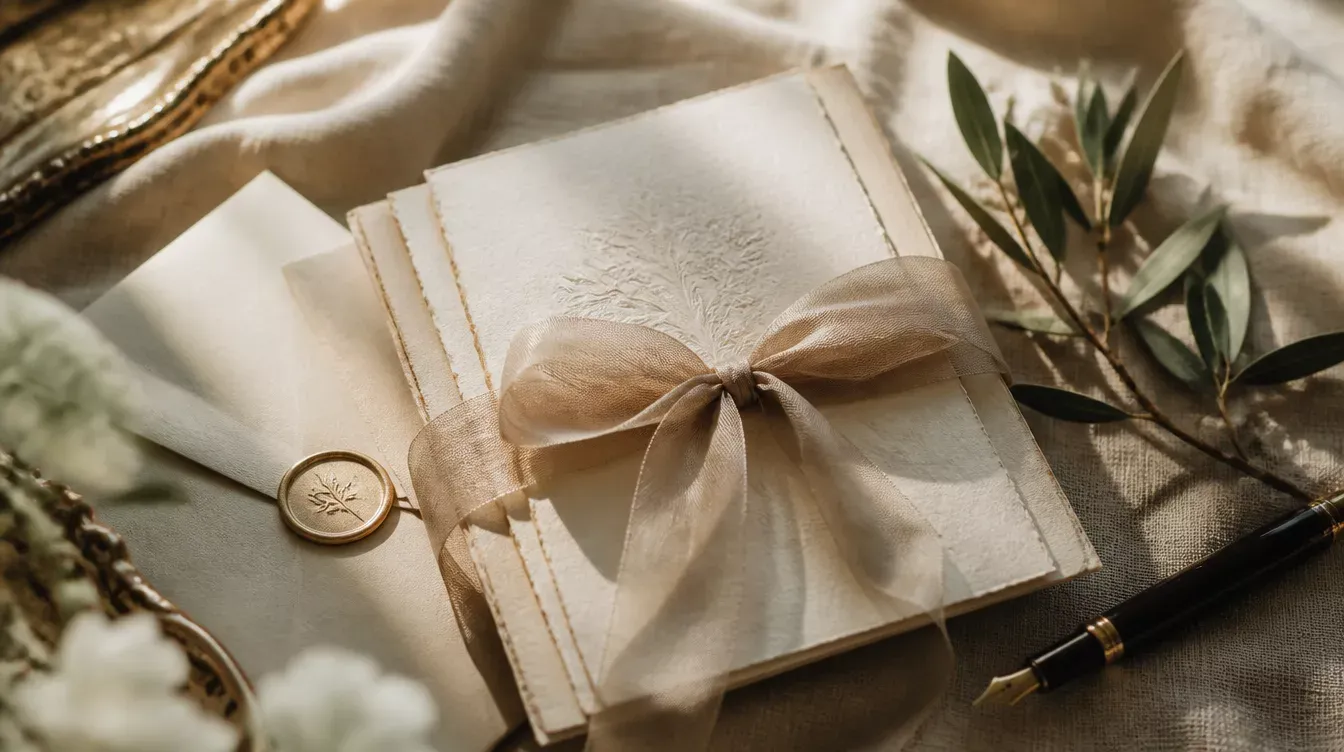 invitaciones atadas con lazo de seda y sello de lacre junto a una pluma
