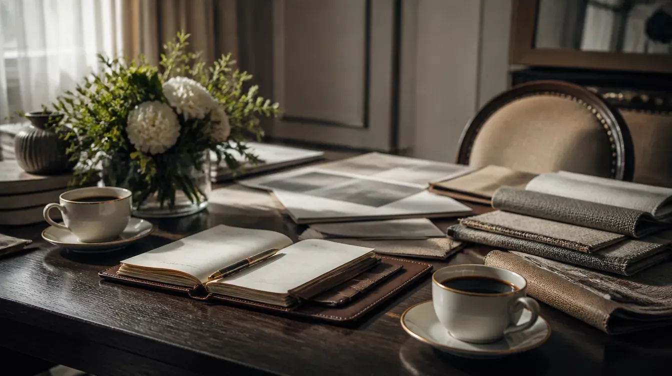 mesa con libros abiertos, café y flores en un salón