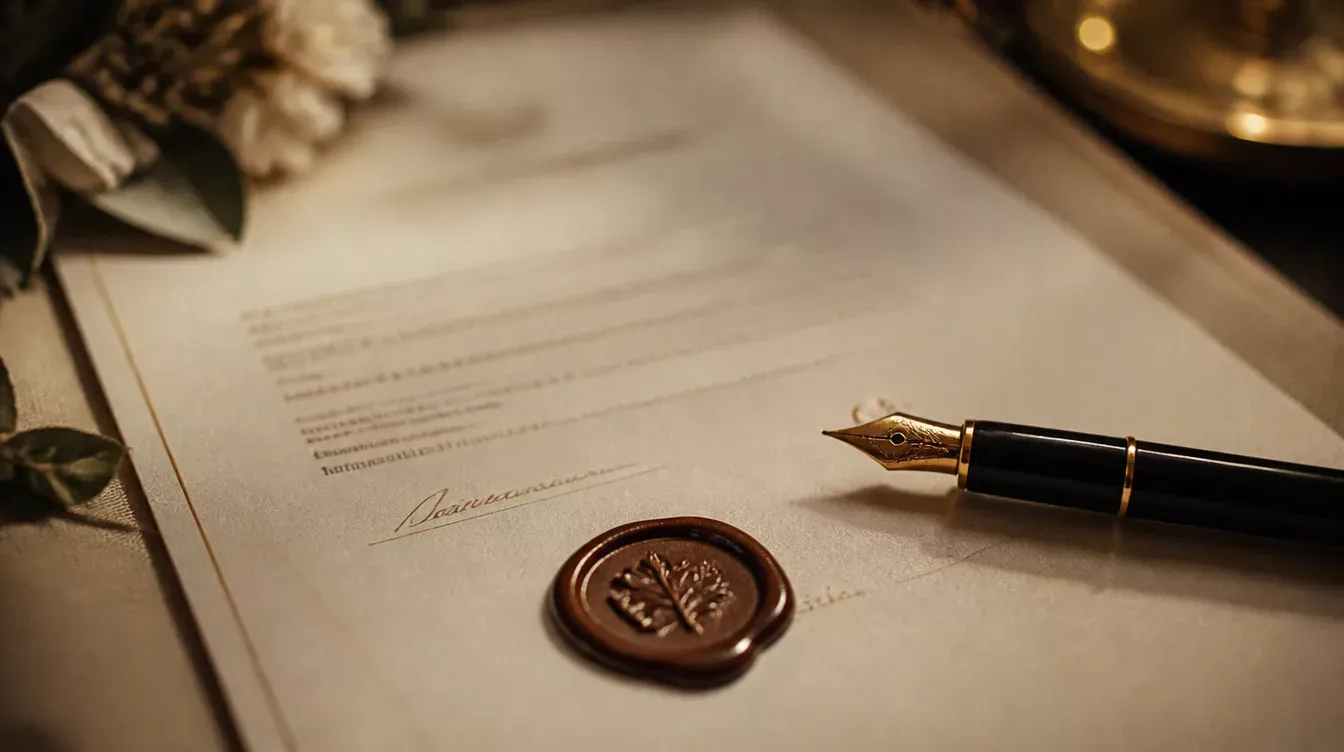 documento con sello de lacre y pluma estilográfica