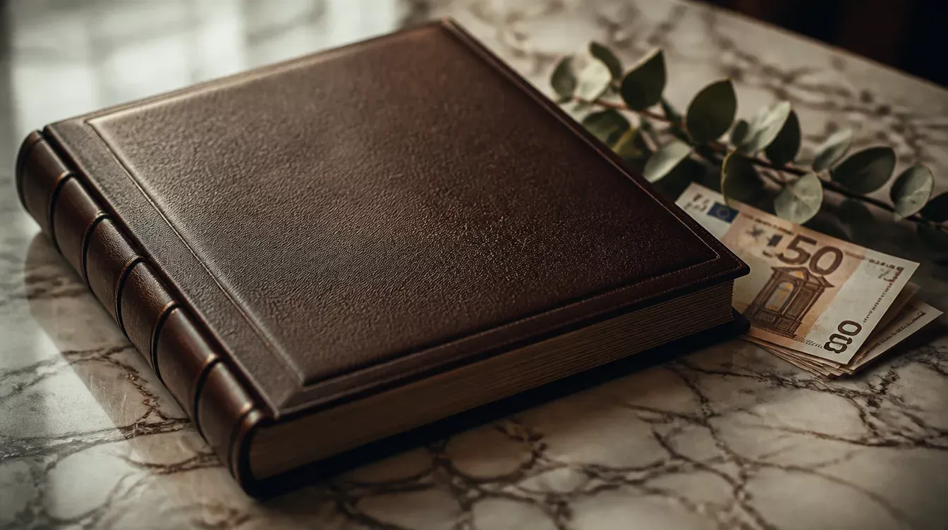álbum de piel junto a unos billetes sobre una mesa de mármol
