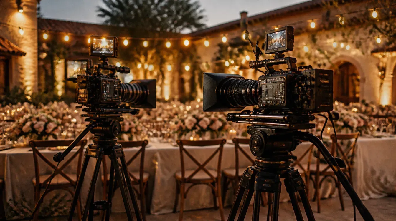 dos cámaras de vídeo en trípodes frente a un banquete al aire libre con guirnaldas de luces