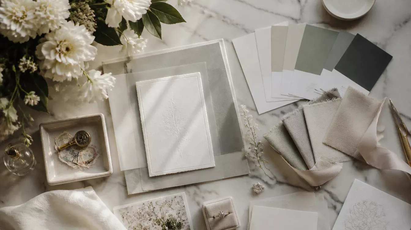 moodboard con muestras de papel, telas y flores sobre una mesa de mármol