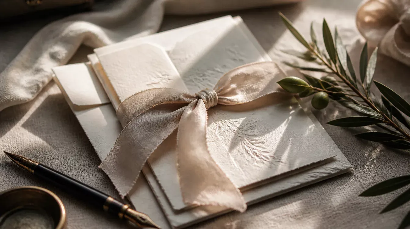 invitaciones atadas con lazo de seda junto a una pluma y ramas de olivo