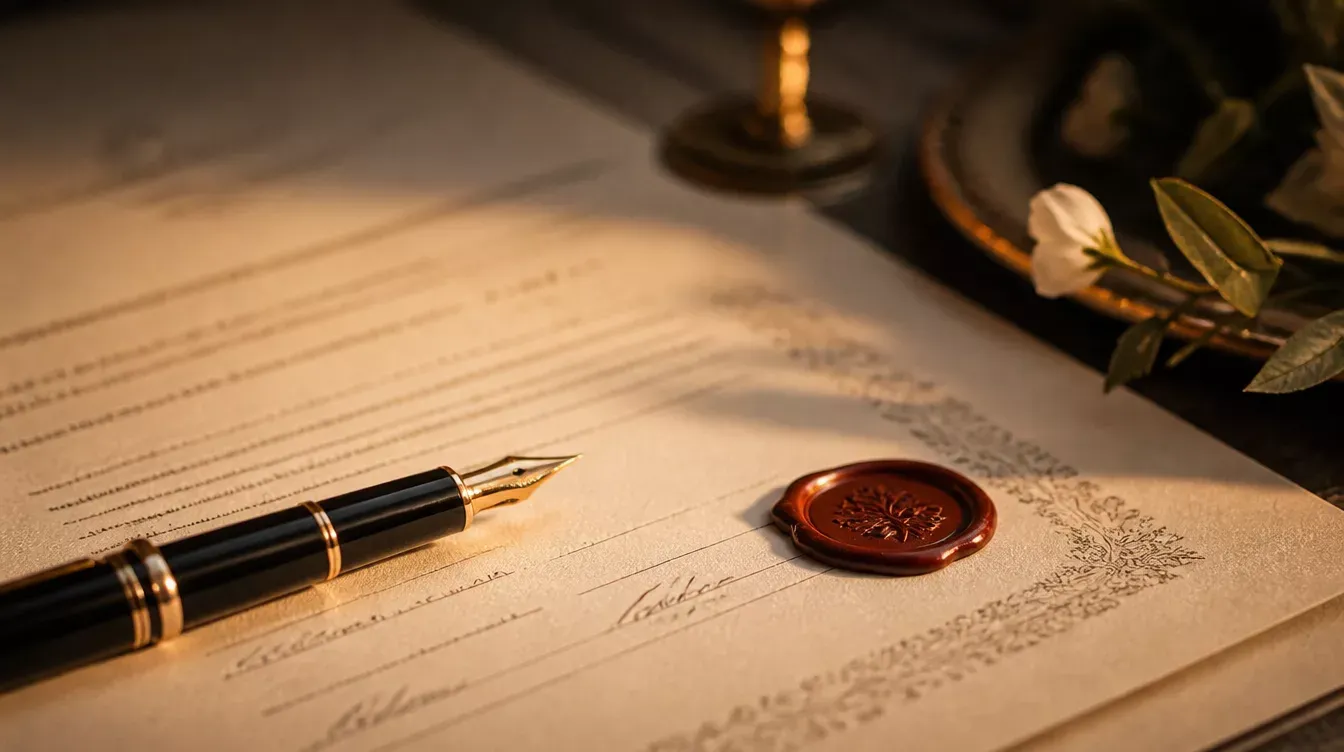 documento con sello de lacre y pluma estilográfica