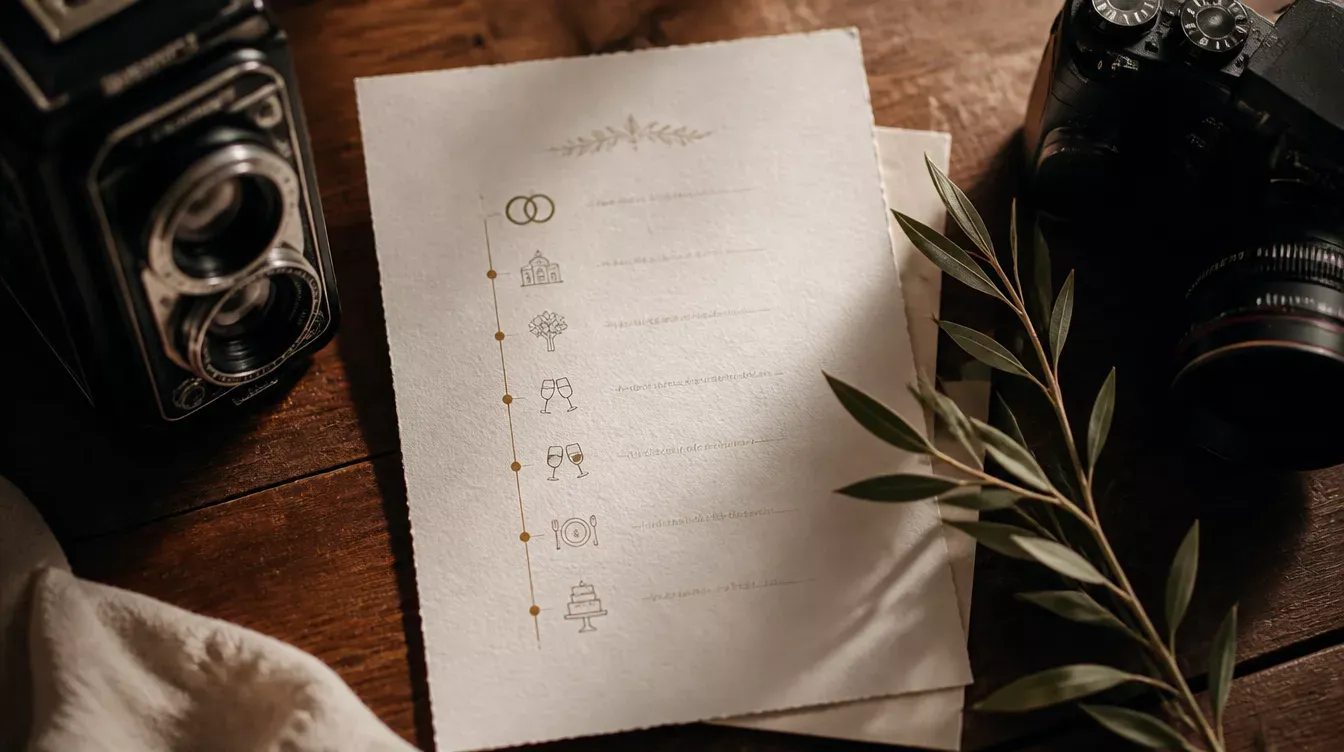 hoja con iconos del horario de boda junto a cámaras antiguas y ramas de olivo