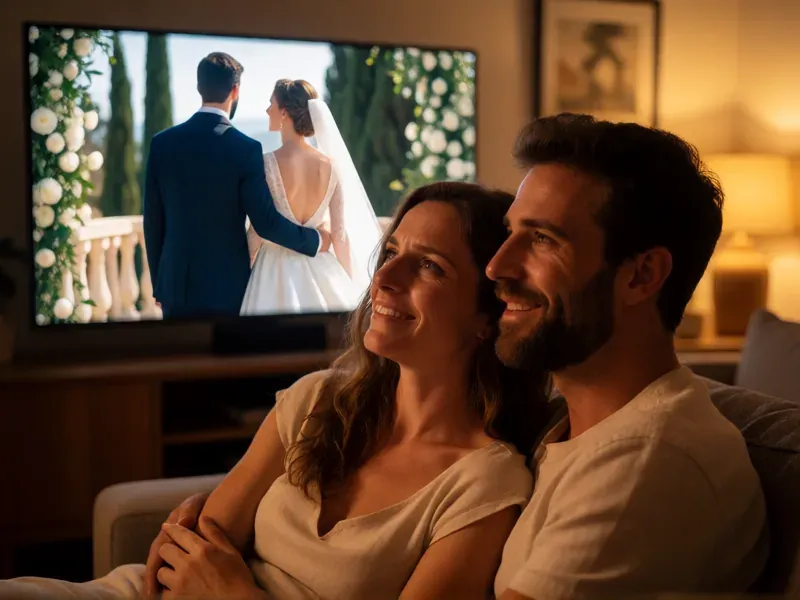 couple watching their wedding film at home